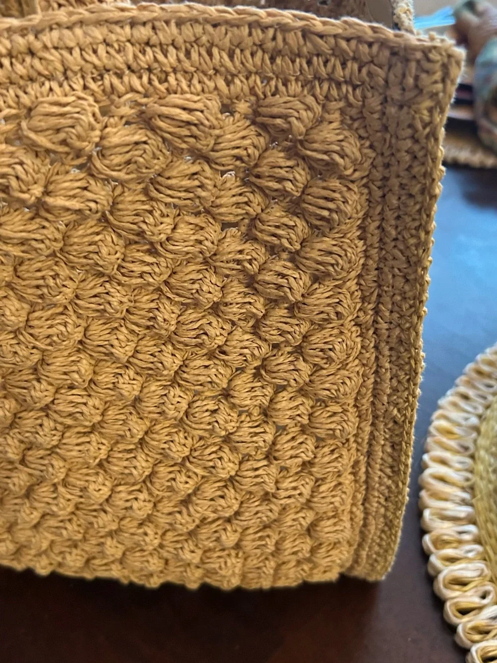 Tory Burch Small. Raffia -Crocheted Popcorn Tote in Natural Beige